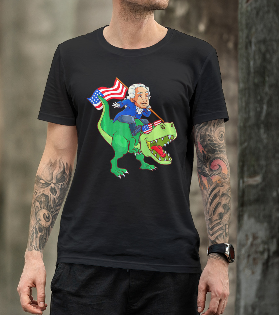 George Washington Riding Rex Dinosaur With American Flag And Sunglasses T-Shirt