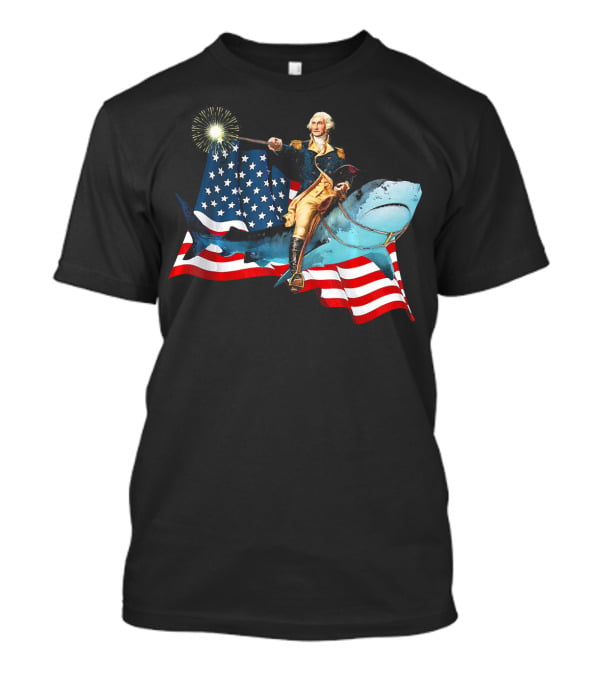 George Washington Patriotically Riding Shark With American Flag T-Shirt