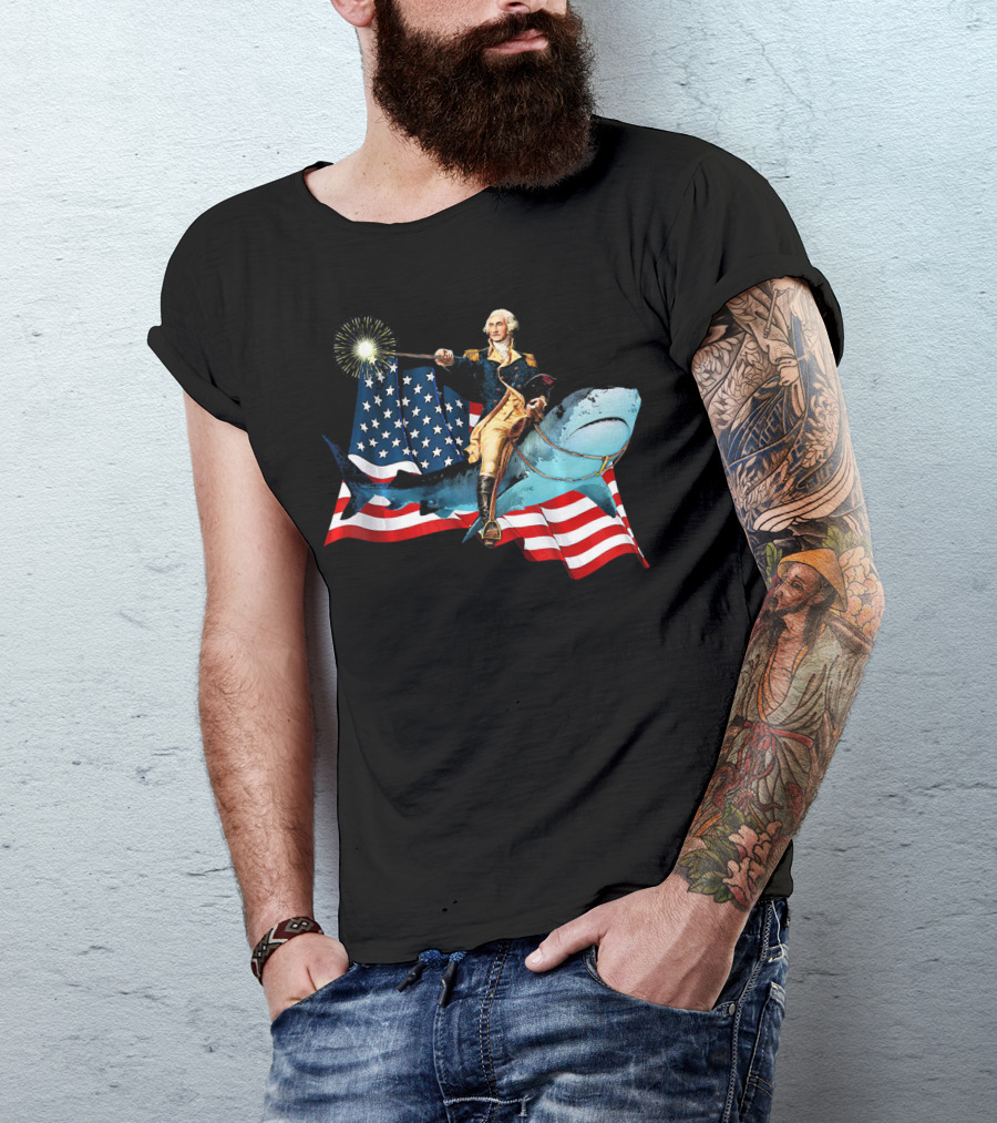 George Washington Patriotically Riding Shark With American Flag T-Shirt
