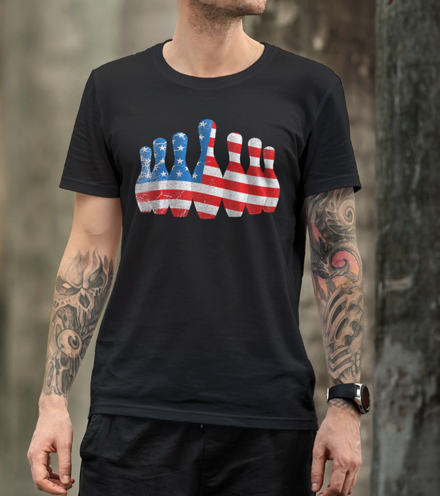 American Flag Bowling Pins Patriotic Bowler T-Shirt