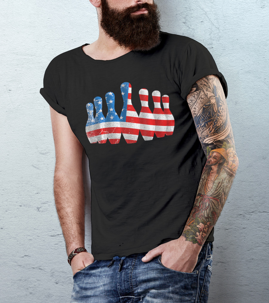 American Flag Bowling Pins Patriotic Bowler T-Shirt
