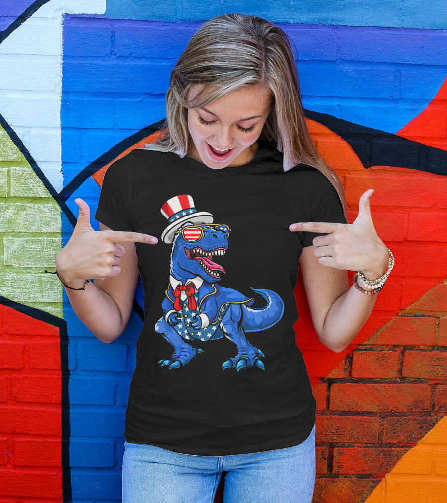 Patriotic Dinosaur With American Flag Hat And Glasses T-Shirt