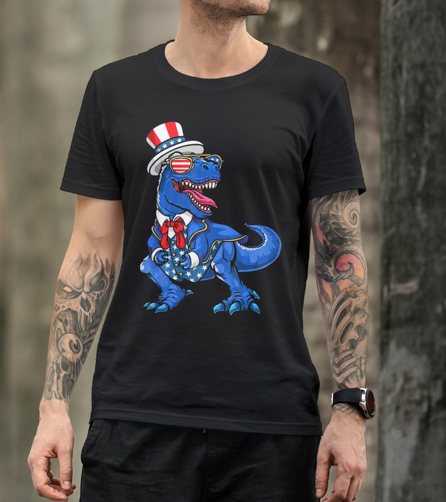 Patriotic Dinosaur With American Flag Hat And Glasses T-Shirt