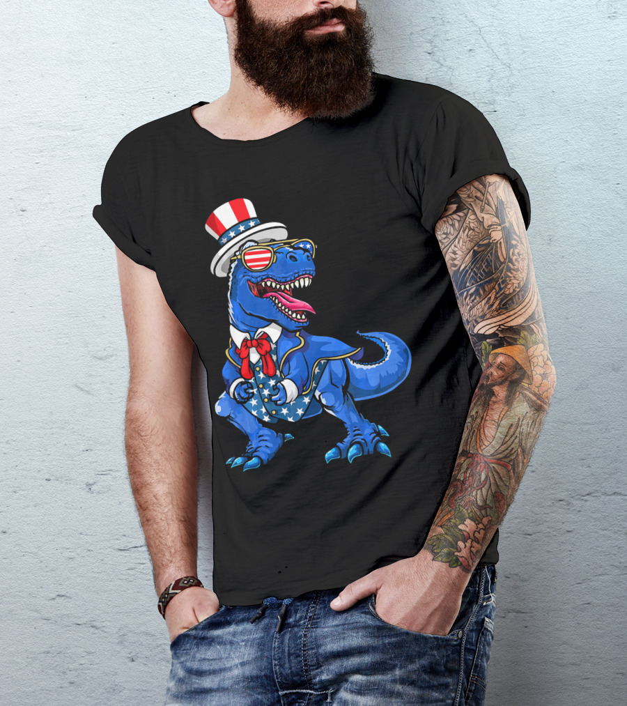 Patriotic Dinosaur With American Flag Hat And Glasses T-Shirt
