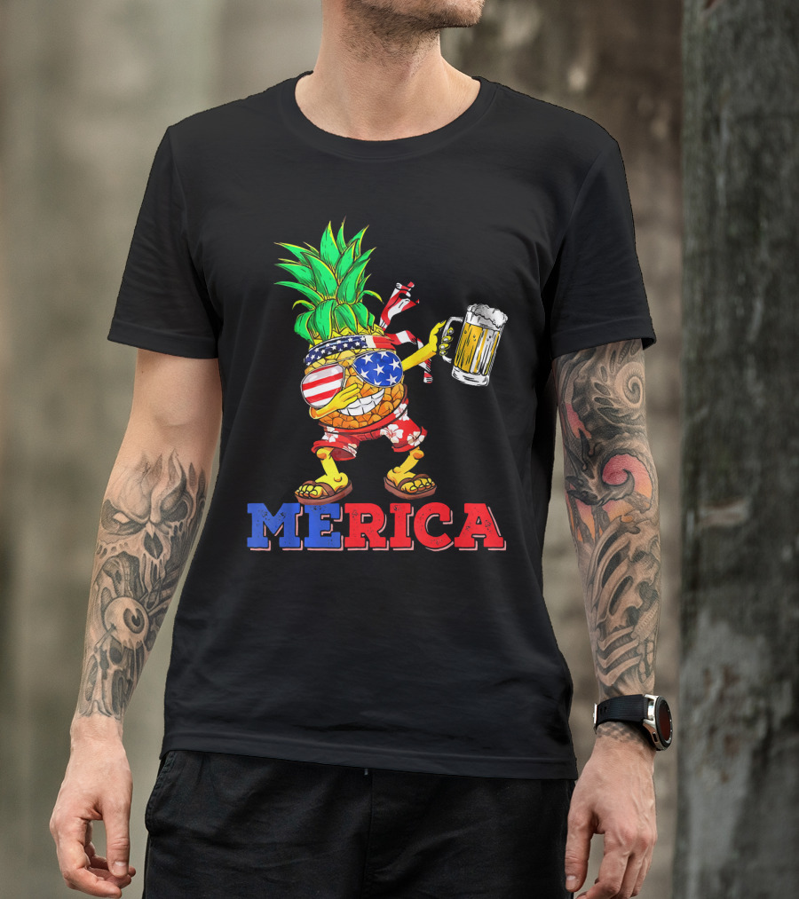 Merica Dabbing Pineapple US Flag Sunglasses Beer Mug Hawaiian Shorts T-Shirt