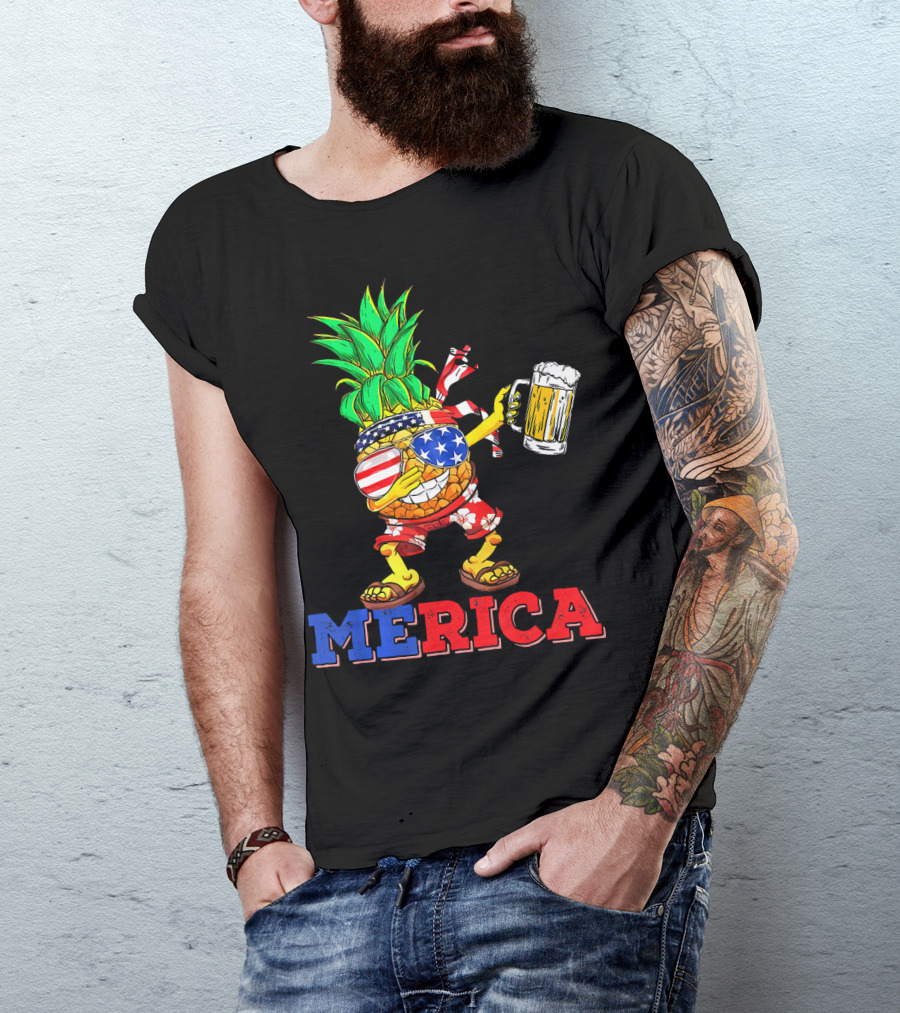 Merica Dabbing Pineapple US Flag Sunglasses Beer Mug Hawaiian Shorts T-Shirt