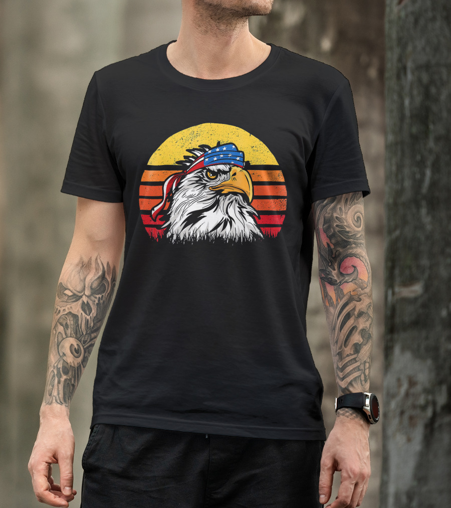 Retro Mullet Eagle With American Flag Bandana And Sunburst Patriotic T-Shirt