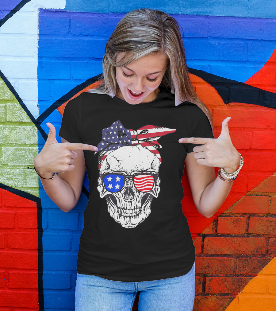 Patriotic Skull American Flag Bandana Sunglasses T-Shirt