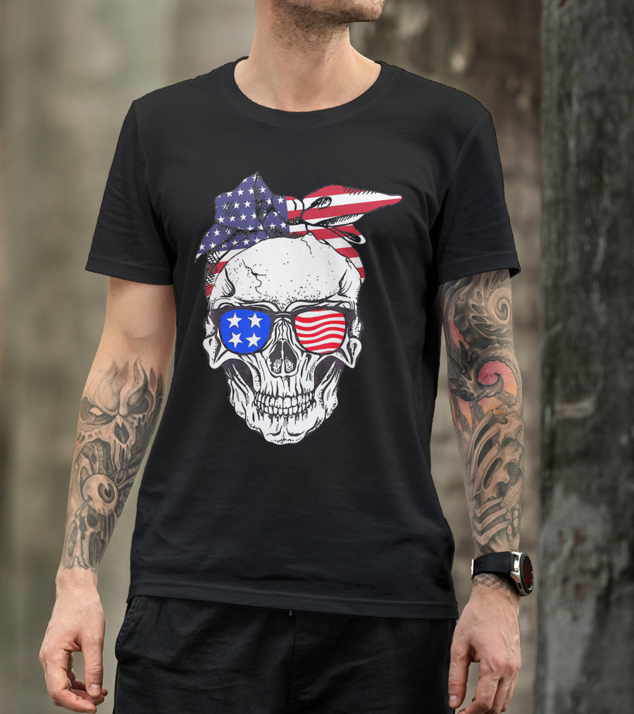 Patriotic Skull American Flag Bandana Sunglasses T-Shirt