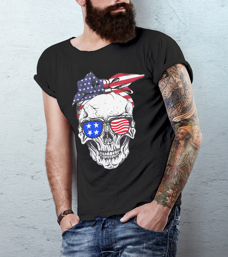 Patriotic Skull American Flag Bandana Sunglasses T-Shirt