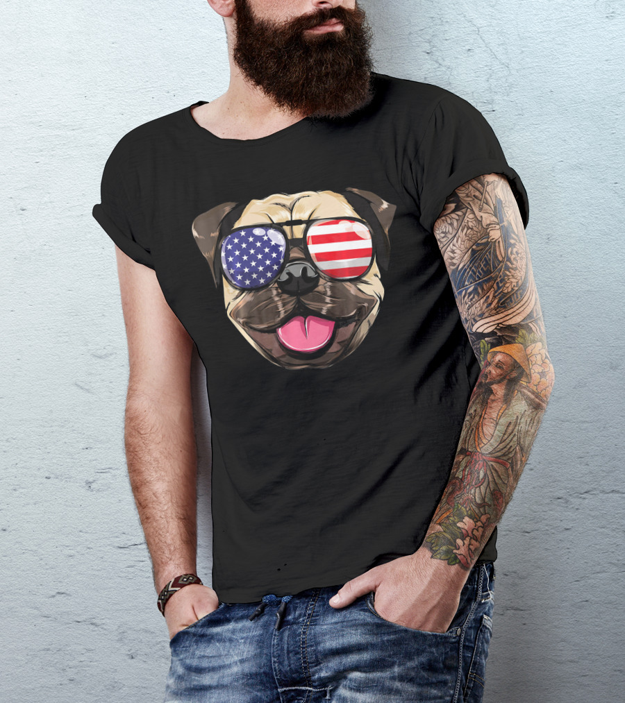 Pug Dog With American Flag Sunglasses Patriotic T-Shirt