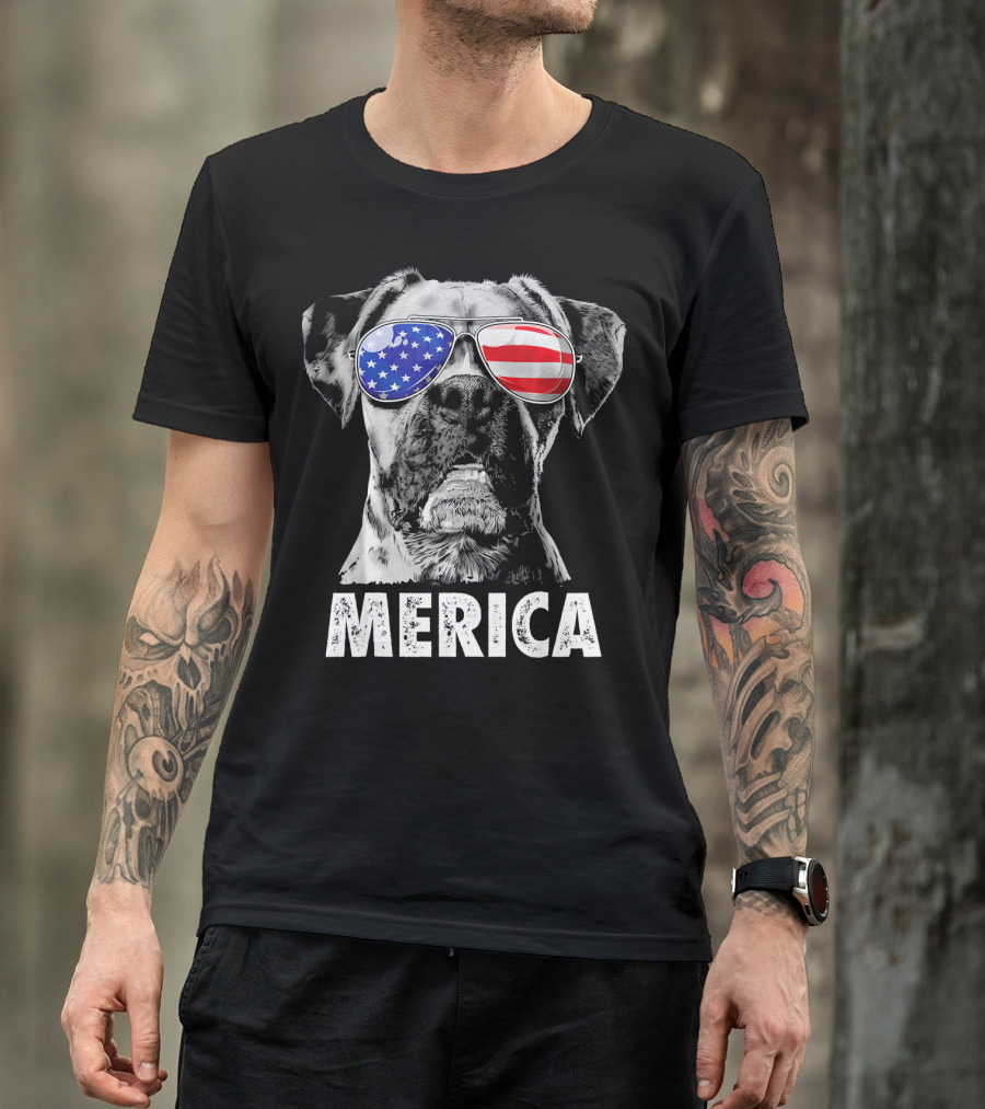 Merica Boxer Dog With American Flag Sunglasses T-Shirt