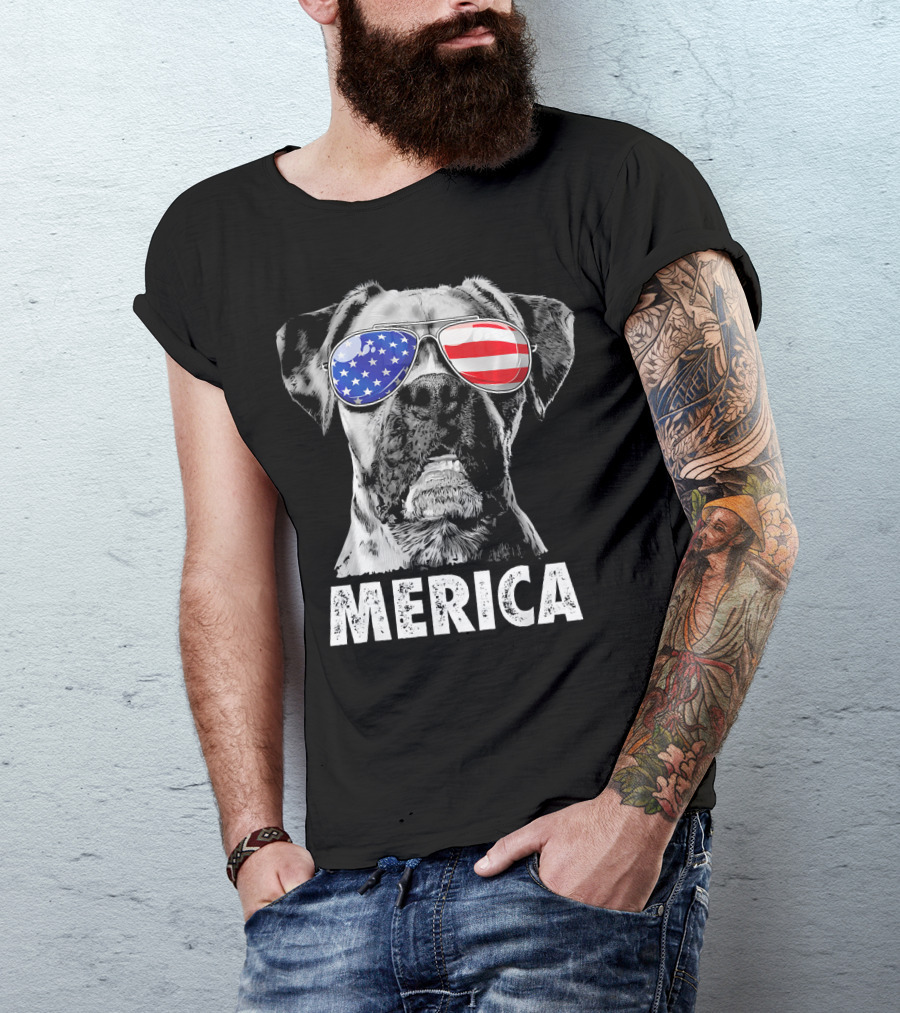 Merica Boxer Dog With American Flag Sunglasses T-Shirt
