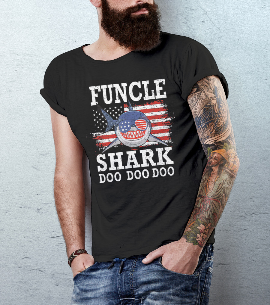 Funcle Shark Doo Doo Doo American Flag Sunglasses Patriotic T-Shirt