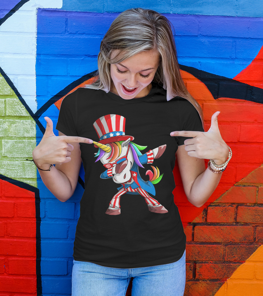 Unicorn Dabbing Uncle Sam Patriotic Rainbow T-Shirt