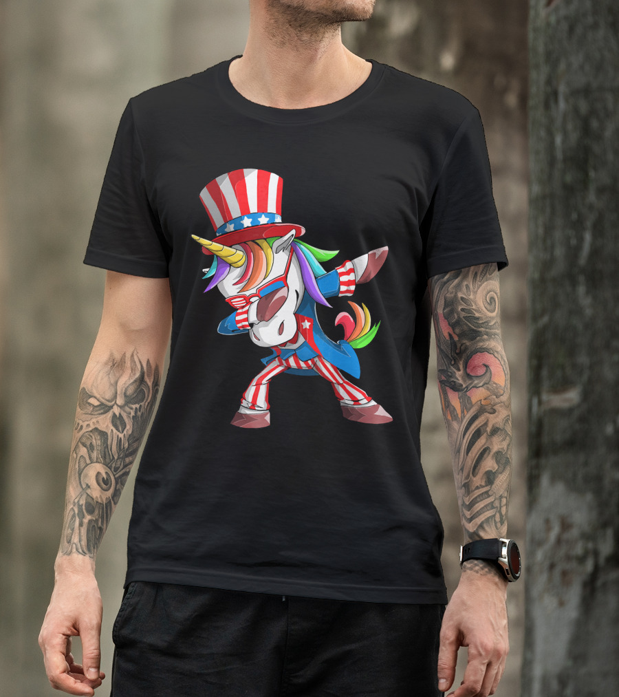 Unicorn Dabbing Uncle Sam Patriotic Rainbow T-Shirt