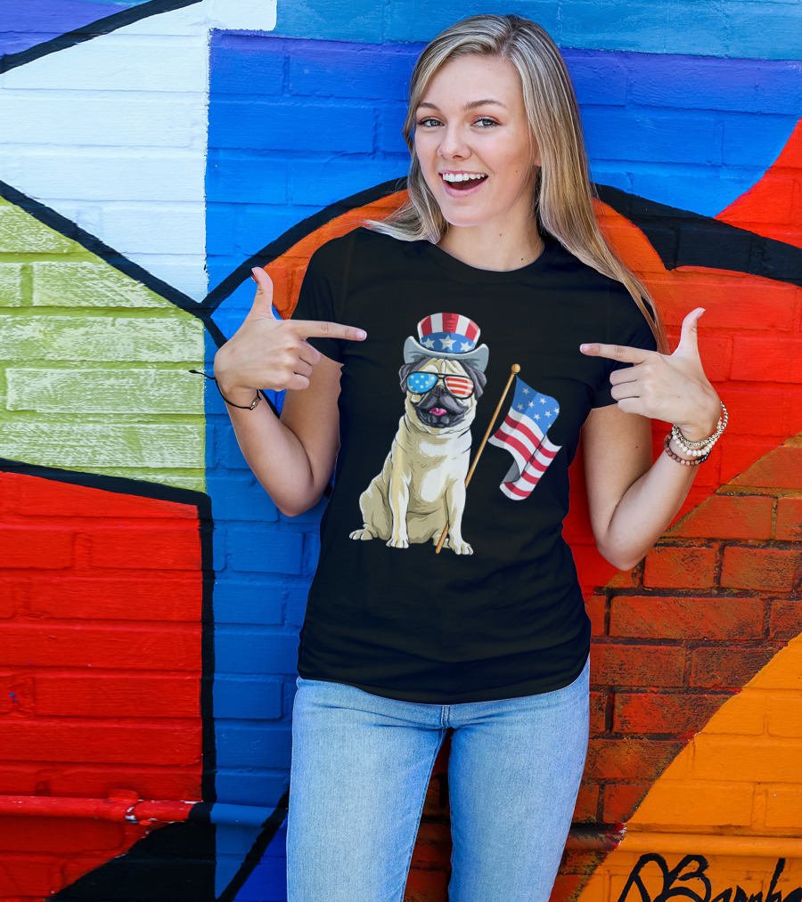 Pug In Patriotic Hat And Sunglasses Holding American Flag T-Shirt