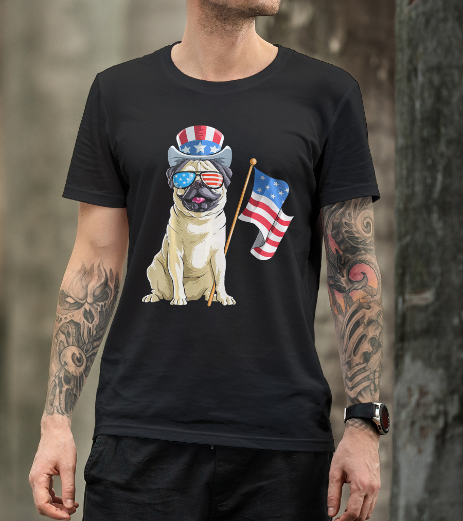 Pug In Patriotic Hat And Sunglasses Holding American Flag T-Shirt
