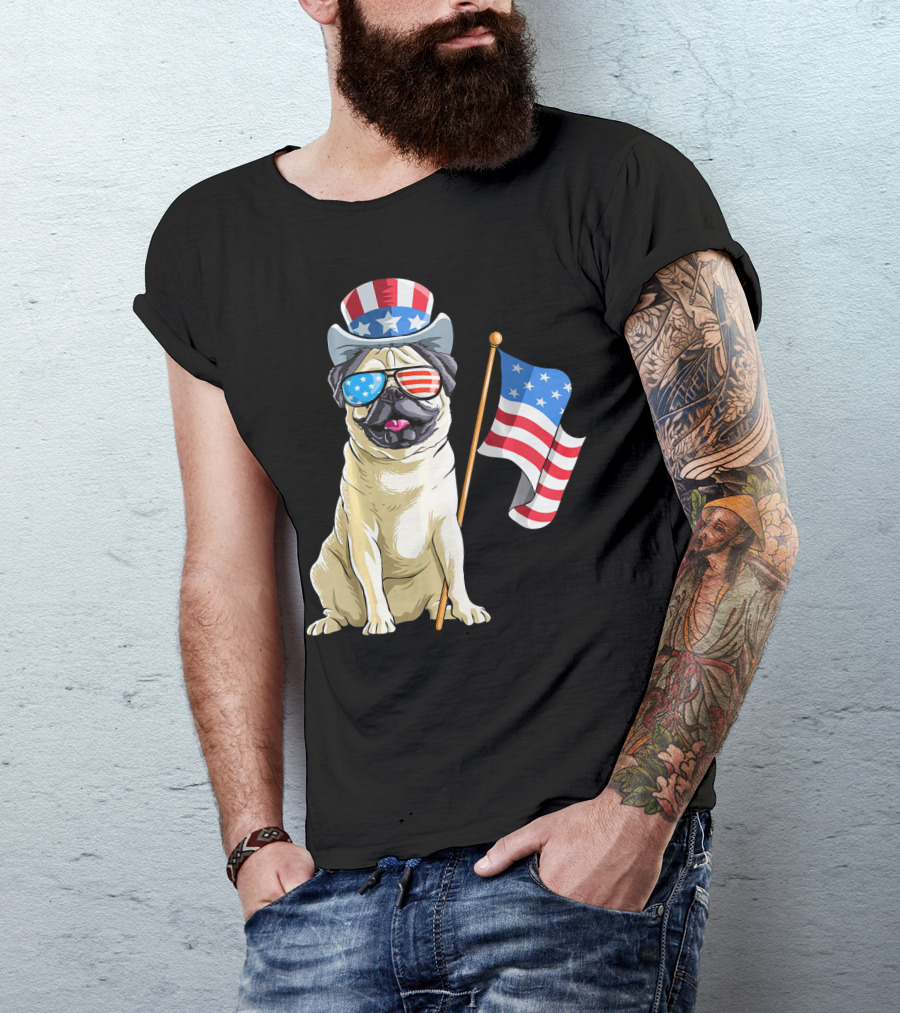Pug In Patriotic Hat And Sunglasses Holding American Flag T-Shirt