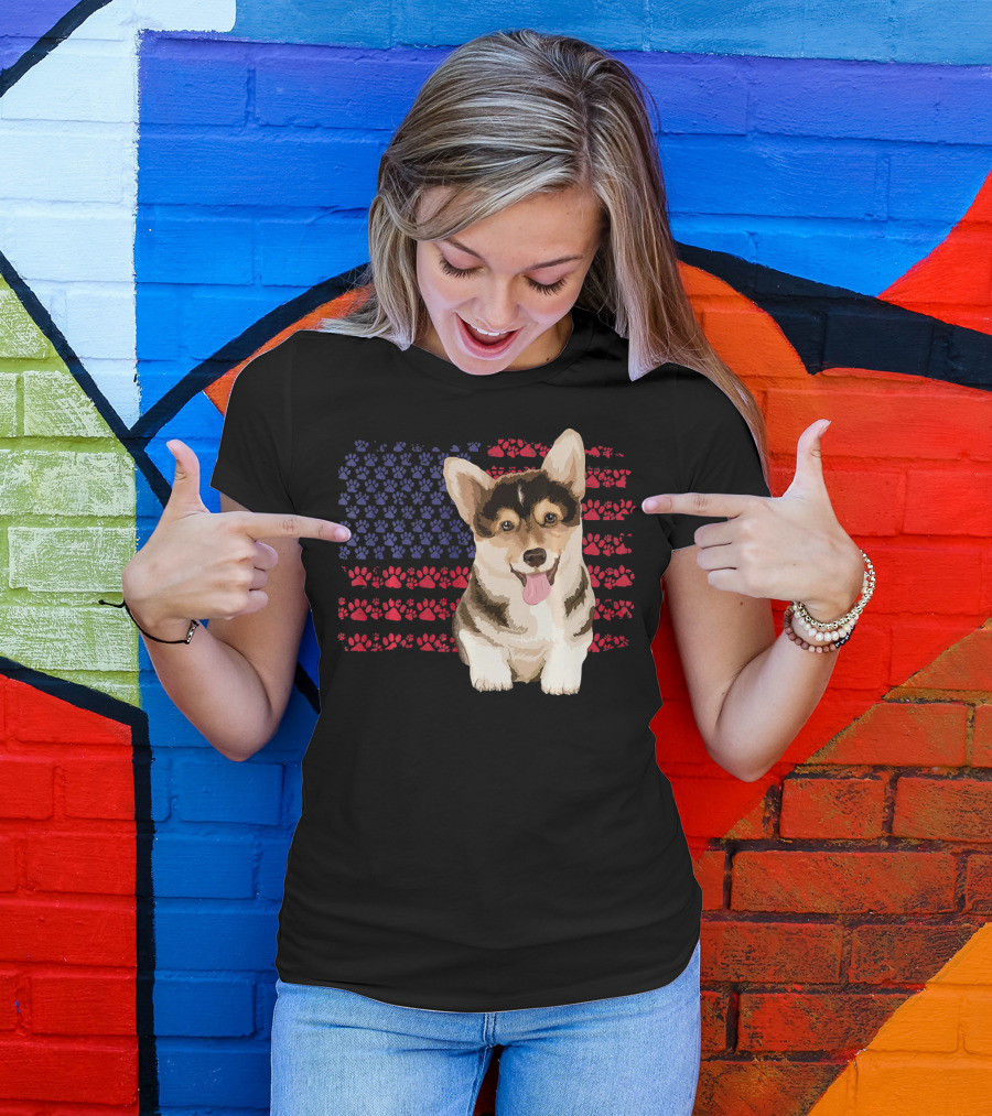 American Flag Corgi Dog With Paw Prints T-Shirt