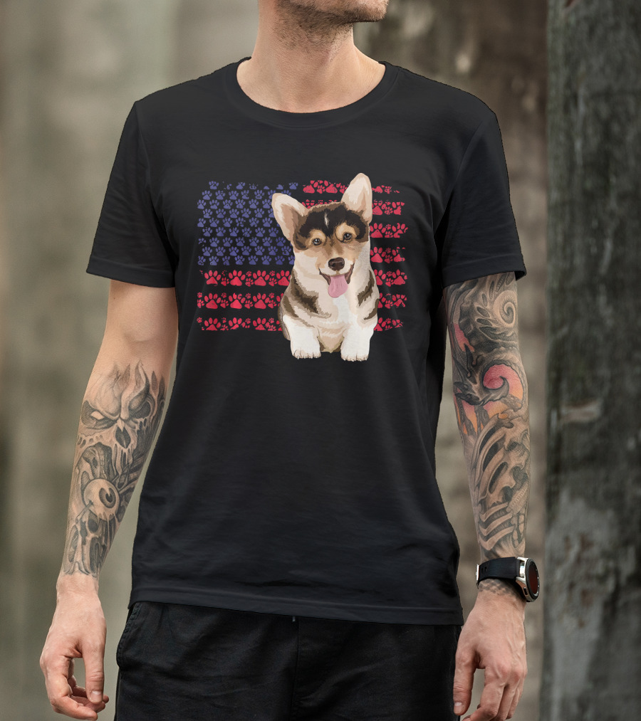 American Flag Corgi Dog With Paw Prints T-Shirt