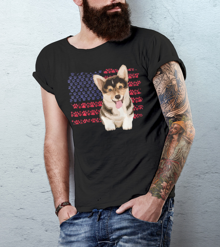American Flag Corgi Dog With Paw Prints T-Shirt