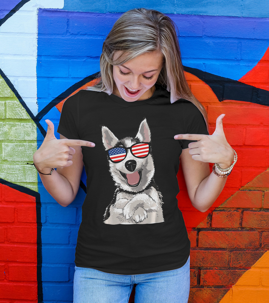Patriotic Dog Husky With American Flag Sunglasses T-Shirt