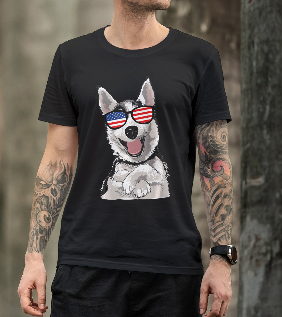Patriotic Dog Husky With American Flag Sunglasses T-Shirt