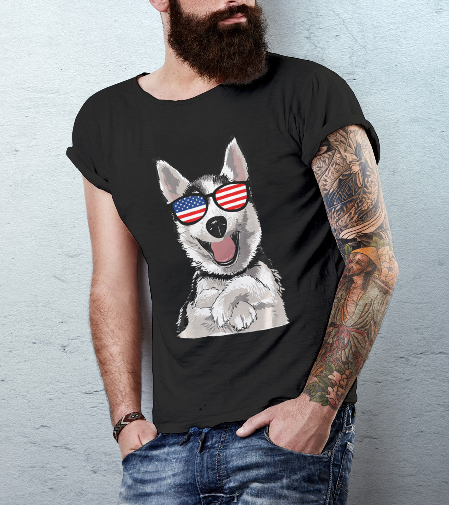 Patriotic Dog Husky With American Flag Sunglasses T-Shirt