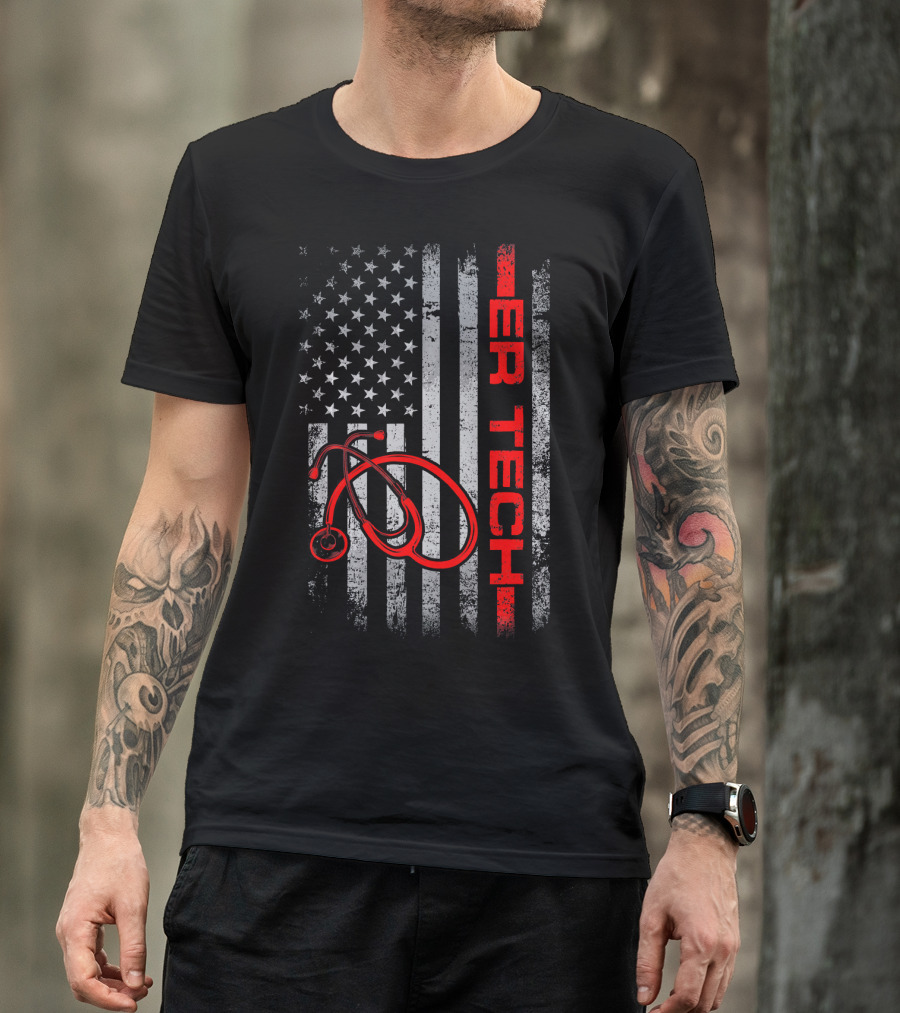 American Flag ER Tech Patriotic Stethoscope Nurse T-Shirt
