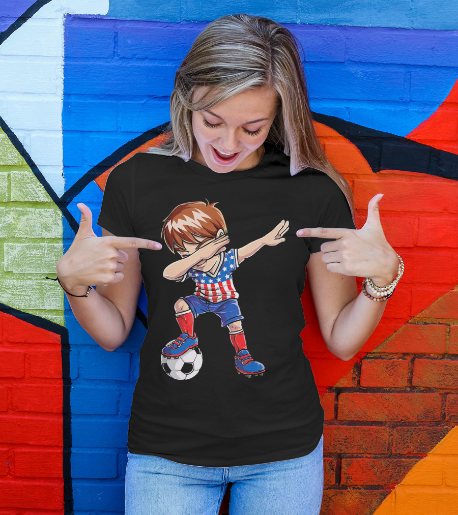 Dabbing Soccer Boy With American Flag Jersey T-Shirt