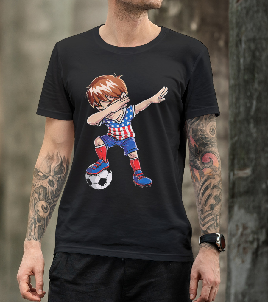 Dabbing Soccer Boy With American Flag Jersey T-Shirt