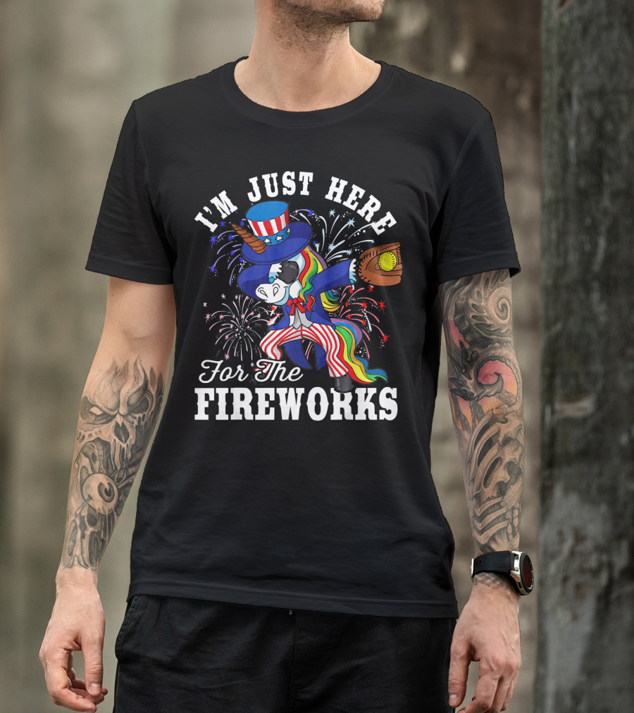 I'm Just Here For The Fireworks Dabbing Unicorn Uncle Sam Softball T-Shirt