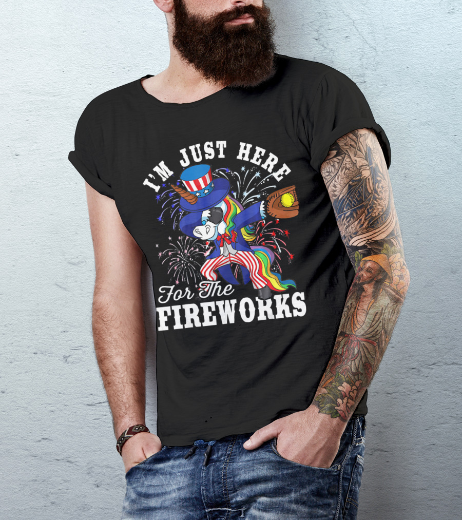 I'm Just Here For The Fireworks Dabbing Unicorn Uncle Sam Softball T-Shirt