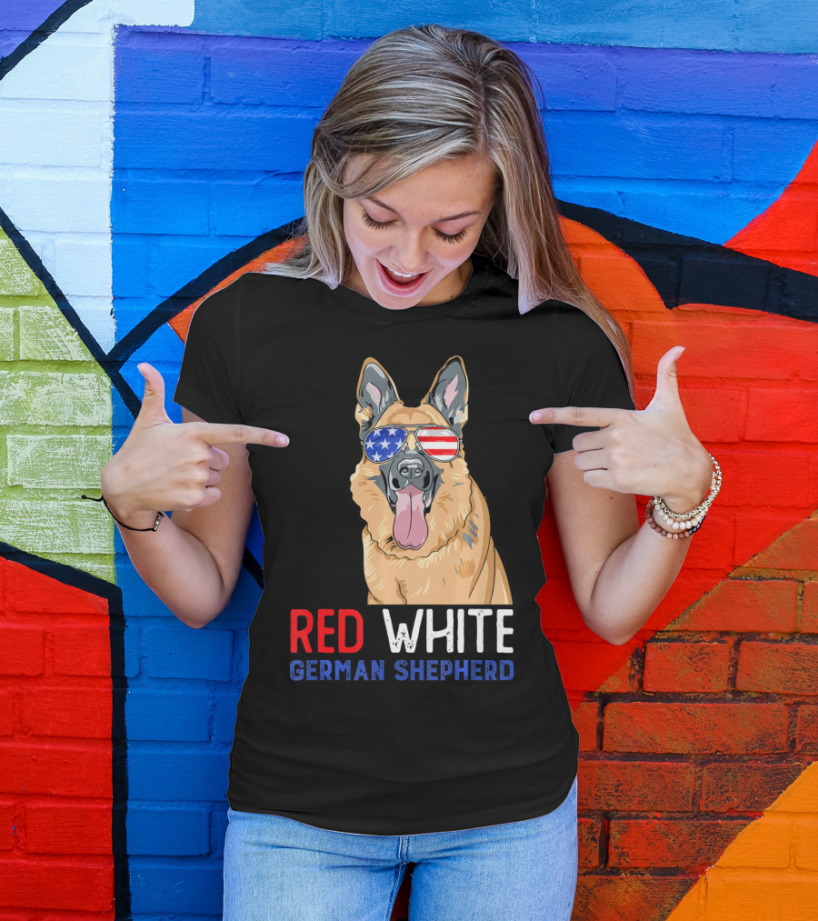 Red White German Shepherd USA Sunglasses Stars Stripes T-Shirt