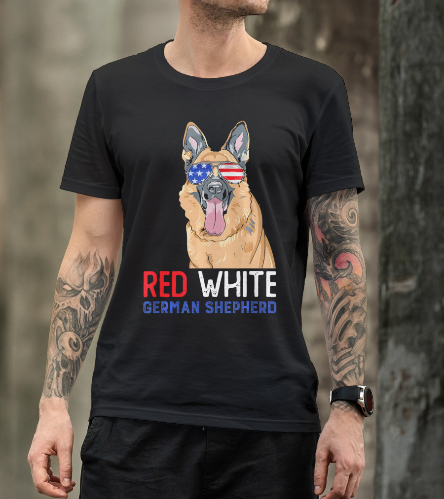 Red White German Shepherd USA Sunglasses Stars Stripes T-Shirt