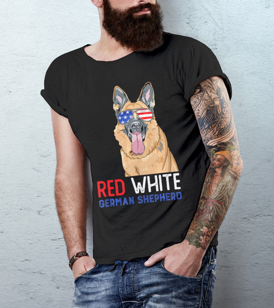 Red White German Shepherd USA Sunglasses Stars Stripes T-Shirt