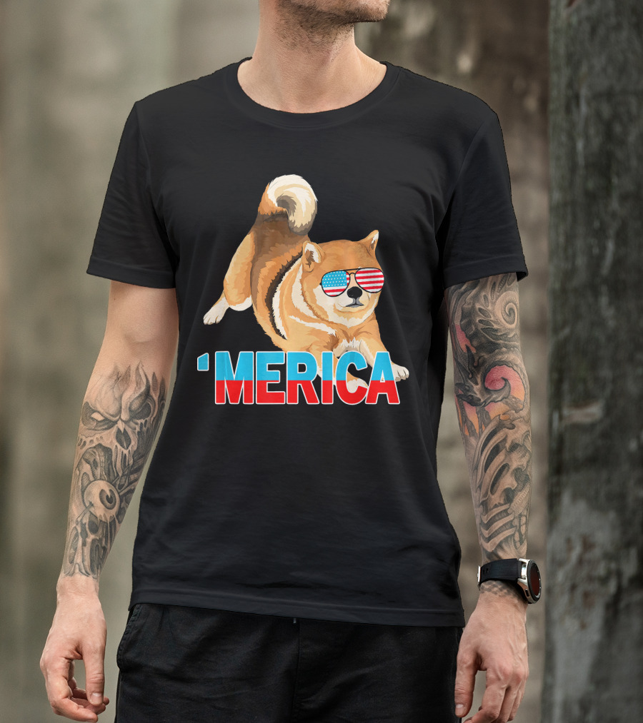Merica Shiba Inu With American Flag Sunglasses T-Shirt