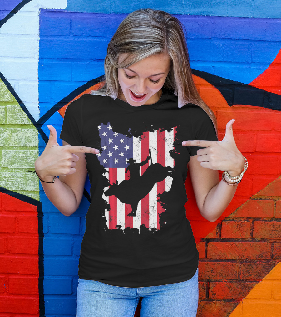 Bull Riding Cowboy Silhouette USA Flag T-Shirt