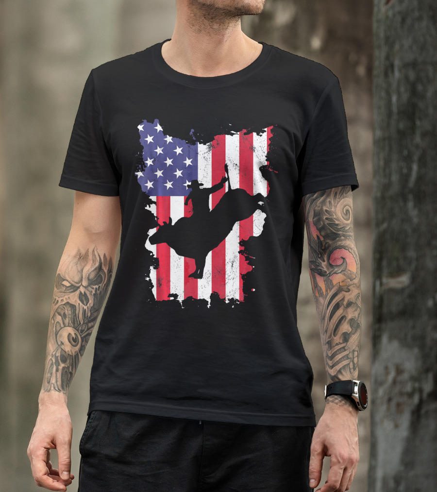 Bull Riding Cowboy Silhouette USA Flag T-Shirt
