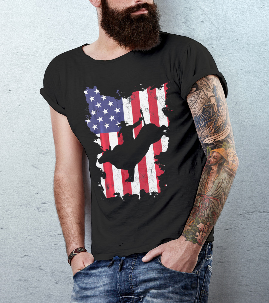 Bull Riding Cowboy Silhouette USA Flag T-Shirt