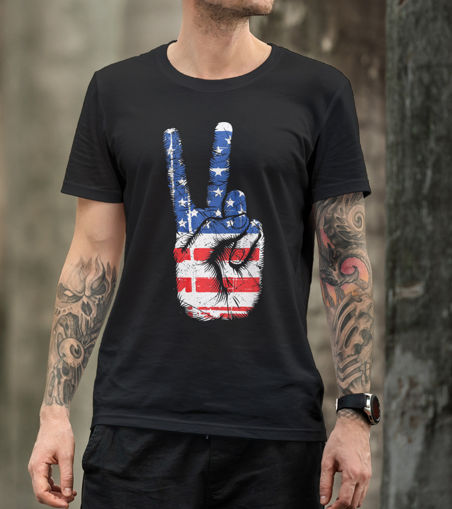 American Flag Peace Sign Hand Gesture T-Shirt