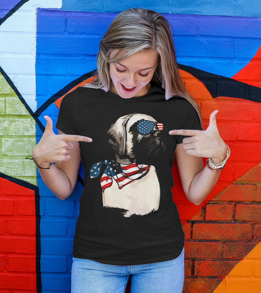 American Flag English Mastiff With Patriotic Stars And Stripes Sunglasses And Scarf T-Shirt