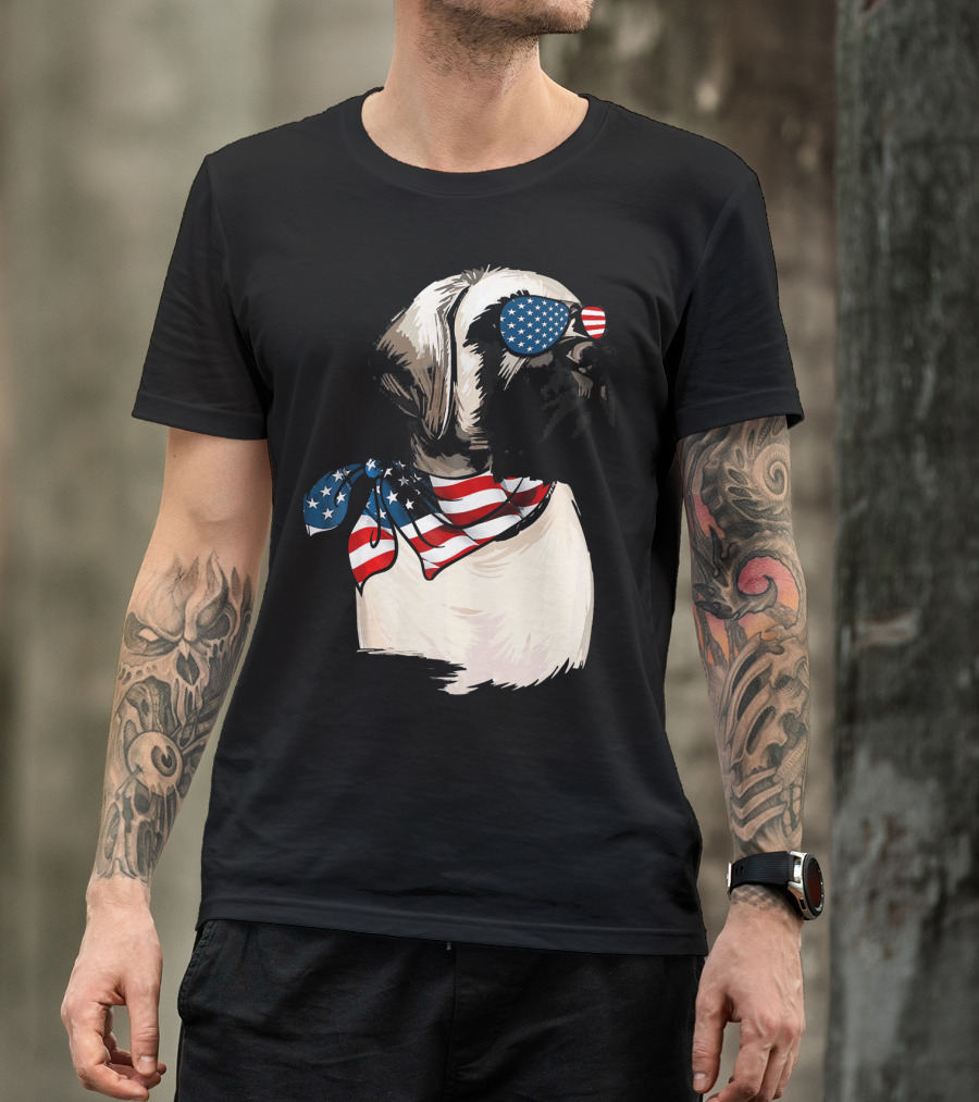American Flag English Mastiff With Patriotic Stars And Stripes Sunglasses And Scarf T-Shirt