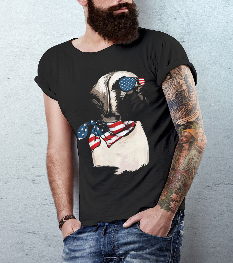 American Flag English Mastiff With Patriotic Stars And Stripes Sunglasses And Scarf T-Shirt