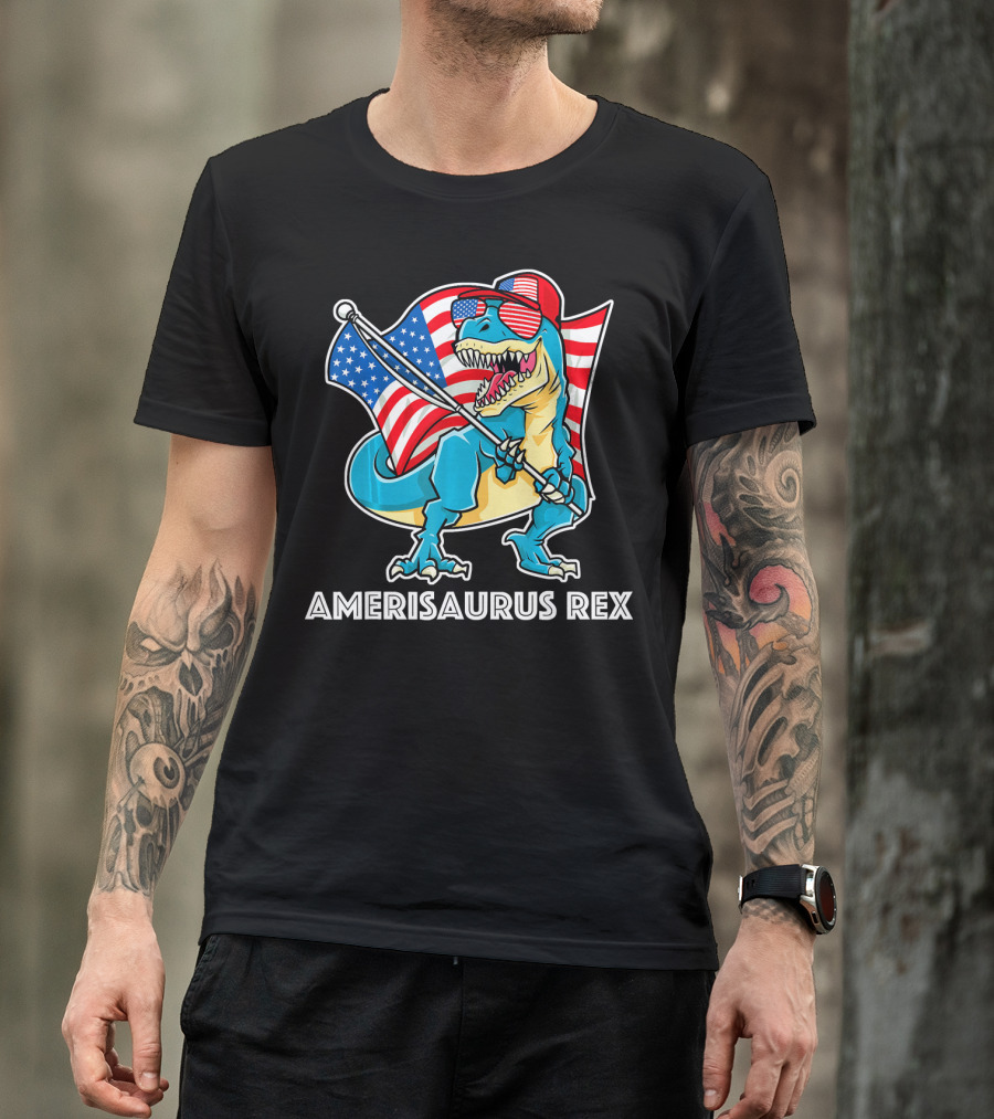 Amerisaurus Rex Patriotic Dinosaur With American Flag And Sunglasses T-Shirt