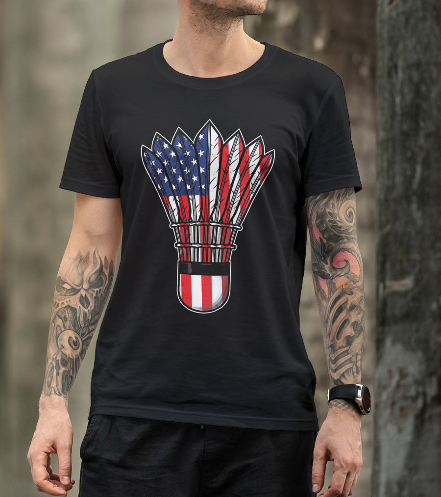 Funny Badminton Shuttlecock American Flag Patriot Player Love T-Shirt