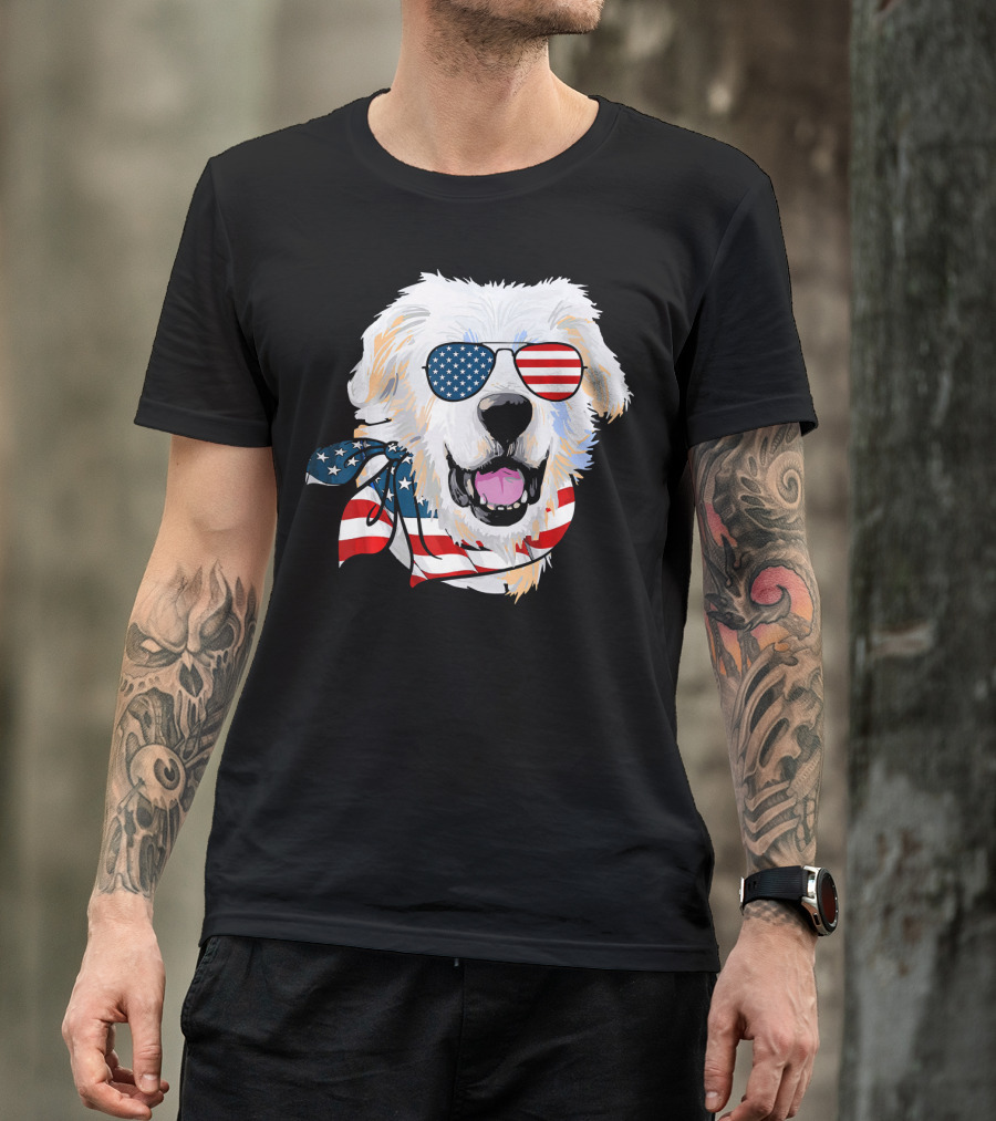 American Flag Great Pyrenees Dog With Patriotic Sunglasses And Bandana T-Shirt
