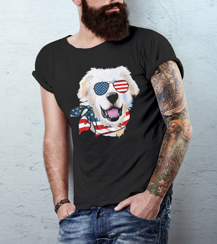 American Flag Great Pyrenees Dog With Patriotic Sunglasses And Bandana T-Shirt