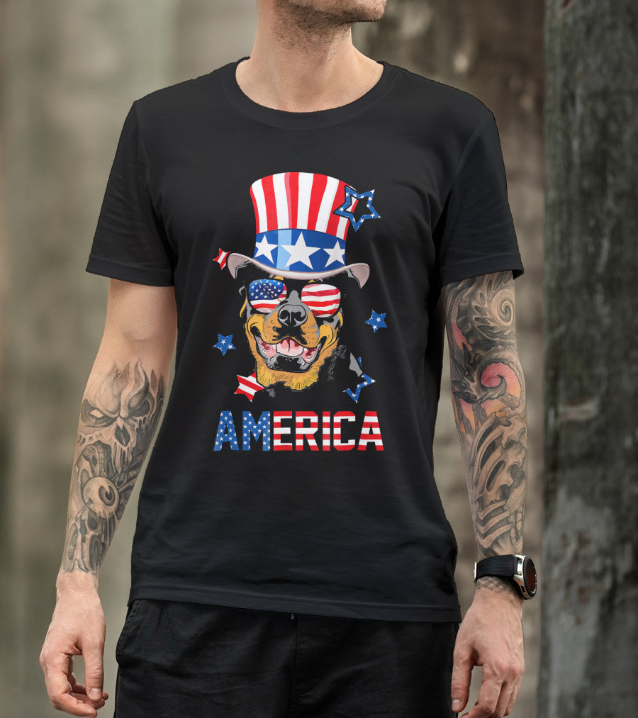 America Rottweiler Wearing Patriotic Top Hat And Sunglasses T-Shirt